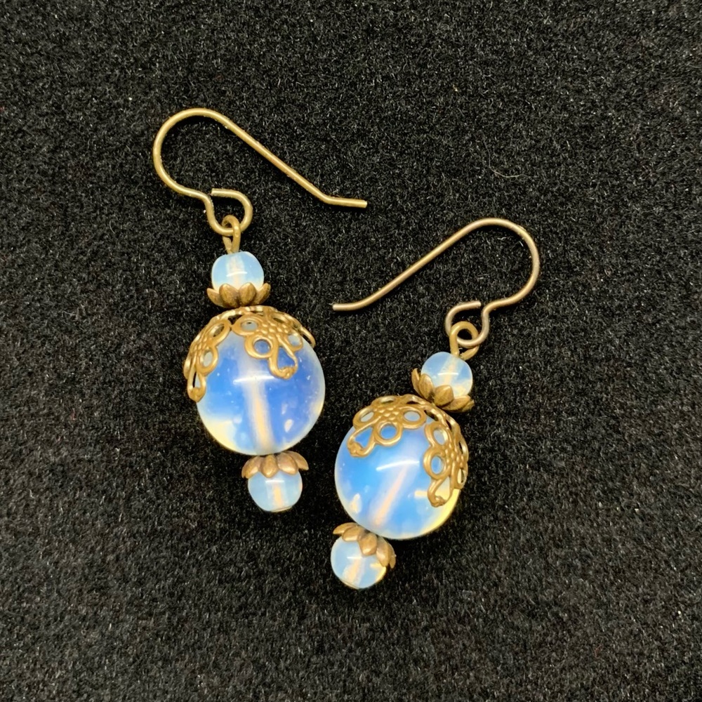 Victorian style blue glass & brass earrings